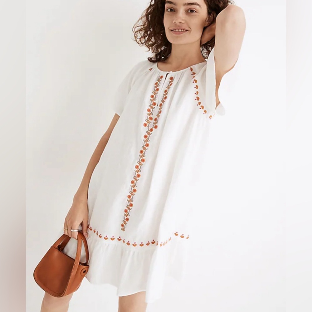 NWT Madewell Embroidered Linen Ruffle Mini Dress Women’s Extra Small